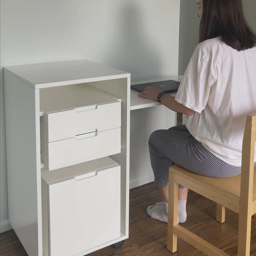 Office desk and cabinet. Compact, sturdy, collapsible.